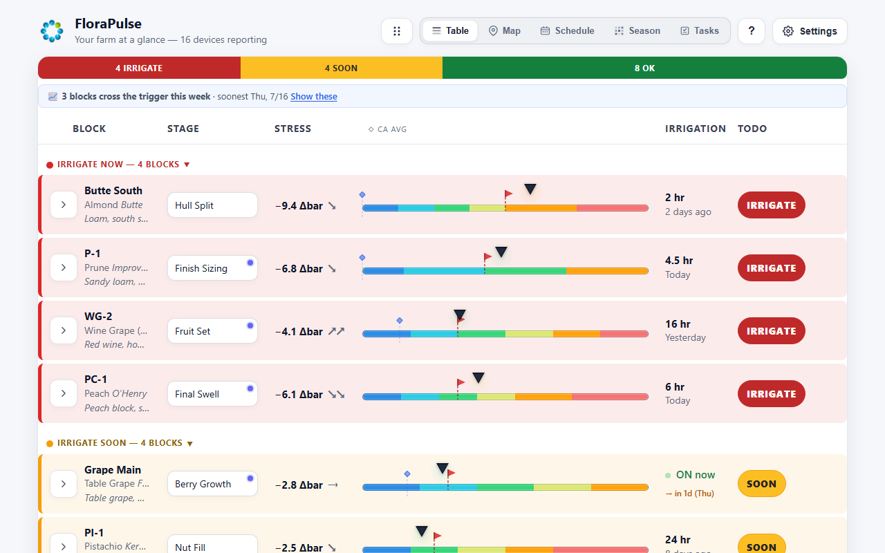 The dashboard on a computer: every block, sorted by what needs water first