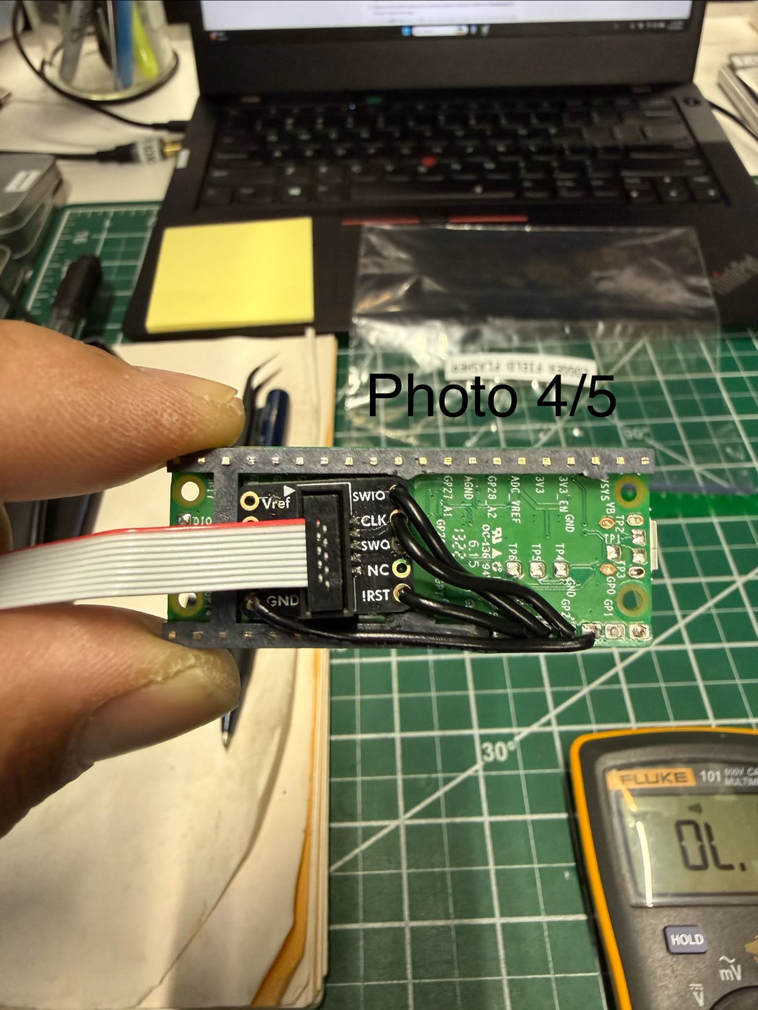 Breakout with the four wires soldered (labels readable) and the Pico end on pads 3–6