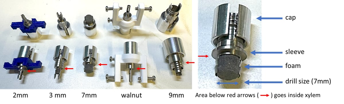 The five installation-hardware versions — 2 mm, 3 mm, 7 mm, walnut and 9 mm — and the parts of an assembled sleeve