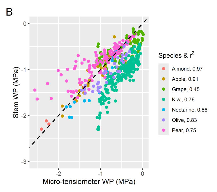 Scatter of micro-tensiometer water potential against pressure-chamber stem water potential, pooled from the published studies and coloured by species, with r² per species: almond 0.97, apple 0.91, grape 0.45, kiwi 0.76, nectarine 0.86, olive 0.83, pear 0.75