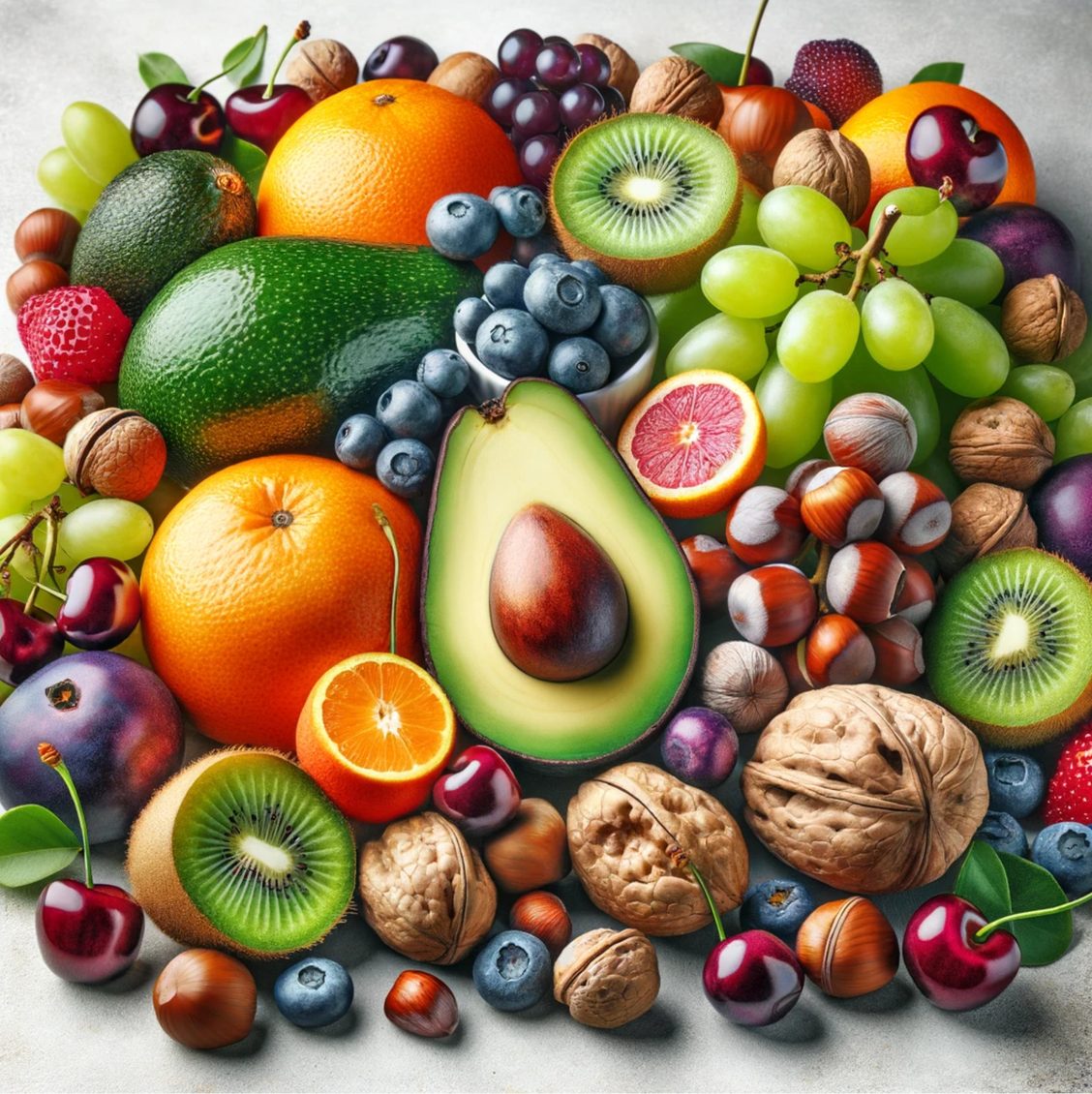 a large group of fruits and nuts on a table