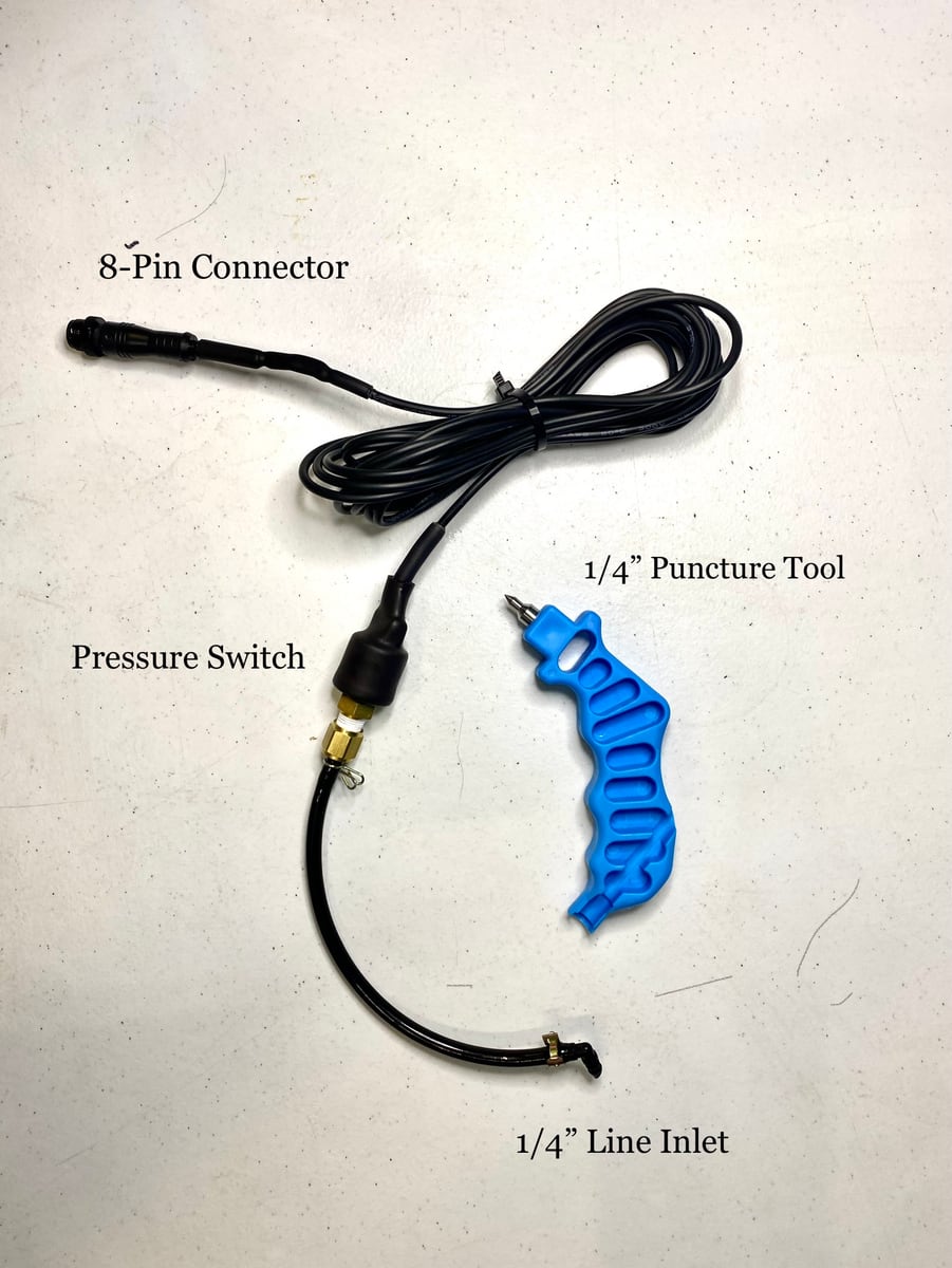 The pressure switch: 8-pin connector, wire, ¼” puncture tool and ¼” line inlet