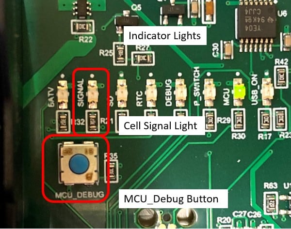 The indicator lights, the cell signal light and the MCU_DEBUG button on the board