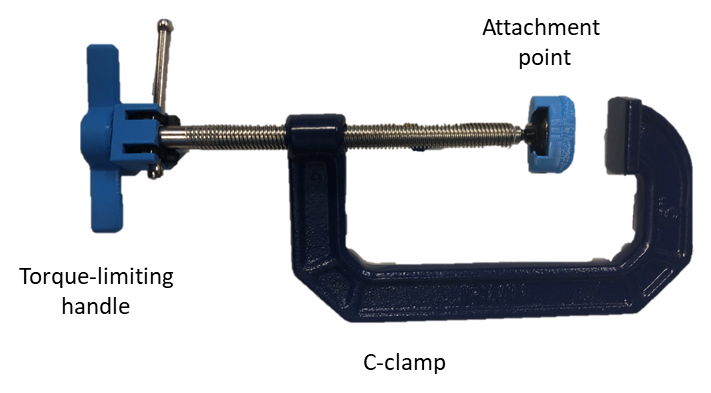 The modified C-clamp: the torque-limiting handle sets the sleeve depth; the attachment point presses on the bracket