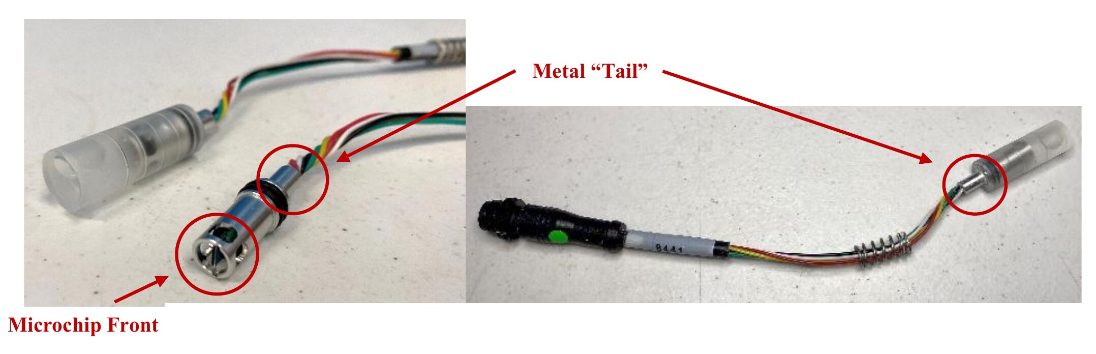 Probe anatomy: the microchip front is the sensing face; the metal tail is the body behind it